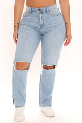 What The Split Ripped Straight Leg Jeans - Light Blue Wash Ins Street